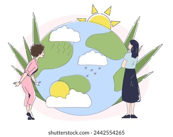 World meteorological day doodle. Women near globe with sun, clouds, snow and rain. Young girl with meteorology. Poster or banner. Simple flat vector illustration isolated on white background