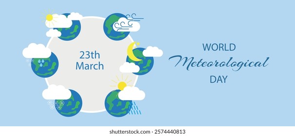 World Meteorological Day illustration with Earth and weather icons showcasing clouds, rain, sun, and wind on March 23.