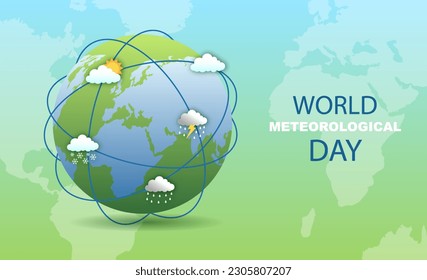 World meteorological day. International holiday or festival March 23. Weather forecast in different parts of planet. Sun, snow, rain and storm. Cartoon flat vector illustration