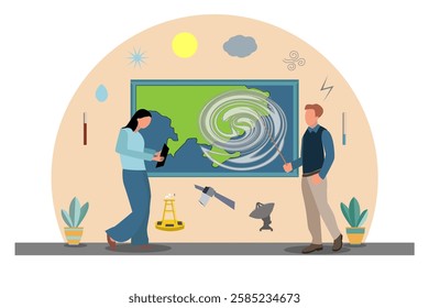 World Meteorological Day. Meteorologists study, investigate the impact of an anticyclone. A weather forecaster predicts the weather using a satellite, a weather station. Flat vector illustration.