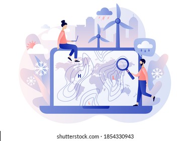 World Meteorological day. Meteorology science. Tiny people meteorologist studying and researching weather and climate condition online on laptop. Modern flat cartoon style. Vector illustration