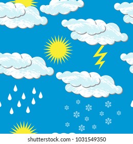 World Meteorological Day. Seamless pattern. For day time. Clouds, sun, rain snow, lightning. For banners flyers sites