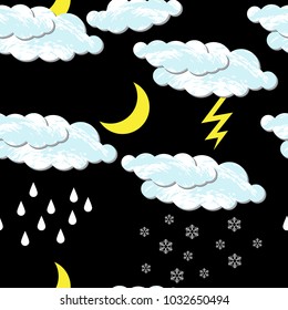 World Meteorological Day. Seamless pattern. Seamless pattern. For night time. Clouds, moon, rain, snow lightning For banners flyers sites