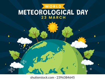 Ilustración de vectores del Día Meteorológico Mundial el 23 de marzo con mapa de la Tierra, ciencia de la meteorología e investigación del clima en caricatura plana