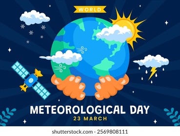World Meteorological Day Vector Illustration on 23 March, Featuring Earth Map, Meteorology Science, and Weather Research in a Flat Style Background