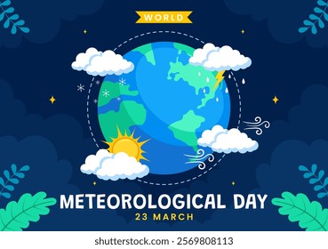 World Meteorological Day Vector Illustration on 23 March, Featuring Earth Map, Meteorology Science, and Weather Research in a Flat Style Background