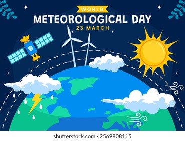 World Meteorological Day Vector Illustration on 23 March, Featuring Earth Map, Meteorology Science, and Weather Research in a Flat Style Background