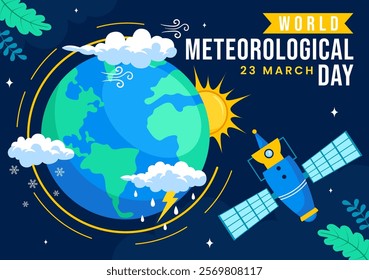 World Meteorological Day Vector Illustration on 23 March, Featuring Earth Map, Meteorology Science, and Weather Research in a Flat Style Background