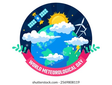 World Meteorological Day Vector Illustration on 23 March, Featuring Earth Map, Meteorology Science, and Weather Research in a Flat Style Background