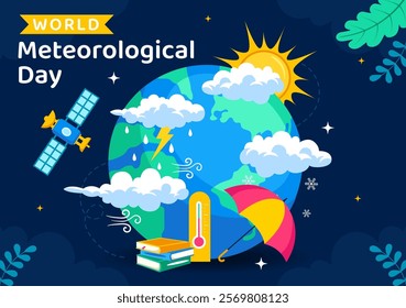 World Meteorological Day Vector Illustration on 23 March, Featuring Earth Map, Meteorology Science, and Weather Research in a Flat Style Background