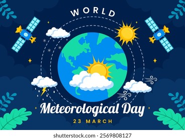 World Meteorological Day Vector Illustration on 23 March, Featuring Earth Map, Meteorology Science, and Weather Research in a Flat Style Background