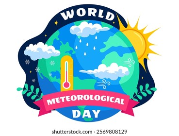 World Meteorological Day Vector Illustration on 23 March, Featuring Earth Map, Meteorology Science, and Weather Research in a Flat Style Background