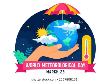 World Meteorological Day Vector Illustration on 23 March, Featuring Earth Map, Meteorology Science, and Weather Research in a Flat Style Background