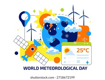 World Meteorological Day Vector Illustration on March 23 Featuring Earth Map Meteorological Science Weather Research Flat Style Background