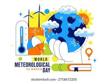 Welttag der Meteorologie Vektorgrafik am 23. März mit Erdkarte Meteorologische Wissenschaft Wetterforschung flacher Stil Hintergrund
