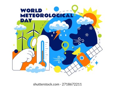 Welttag der Meteorologie Vektorgrafik am 23. März mit Erdkarte Meteorologische Wissenschaft Wetterforschung flacher Stil Hintergrund