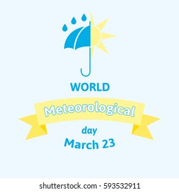 World Meteorological Day. Vector illustration greeting card with umbrella and sun. Flat style design on light blue