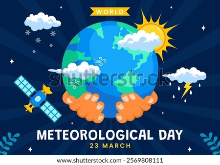 World Meteorological Day Vector Illustration on 23 March, Featuring Earth Map, Meteorology Science, and Weather Research in a Flat Style Background