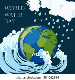 World Meteorology Day greeting card. The planet Earth half under the shining sun and half under the rain and clouds isolated on dark blue background. Cartoon vector illustration in flat style.