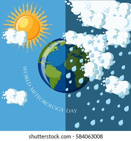 Tarjeta de felicitación del Día Mundial de la Meteorología. El planeta Tierra medio bajo el sol brillante y mitad bajo la lluvia y las nubes aisladas en fondo azul oscuro. Dibujo vectorial de caricatura en estilo plano.