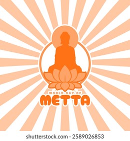 World Metta Day is celebrated on March 22nd. Illustration of a Buddha meditating on a lotus flower and emitting the light of love. Religious event banner.