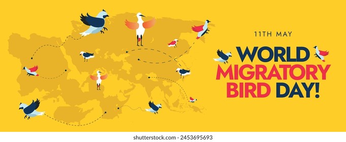 Día Mundial de las Aves Migratorias. El 11 de mayo, la celebración del Día Mundial de las Aves Migratorias cubre el Anuncio, el poste con el mapa del mundo de la silueta y las aves con líneas punteadas. Anuncio de sensibilización para la conservación de aves migratorias.