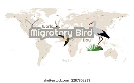 World Migratory Bird Day.May 8th.
Map of the world with the migration routes of birds in light tone on soft background, over the text of the world day surrounded by some birds.