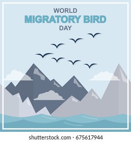 World Migratory Bird Day, May. Birds flying across mountains and sea conceptual illustration vector.
