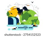 World Migratory Bird Day Vector Illustration Featuring Flying Storks Over Wetland Landscape, Wildlife Nature Conservation and Seasonal Migration