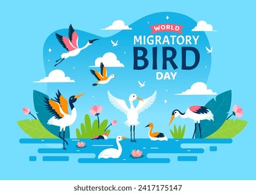 Ilustración de vectores del Día Mundial de la Ave Migratoria con grupos de migración de aves y sus hábitats para ecosistemas acuáticos vivos en fondo de caricatura plana