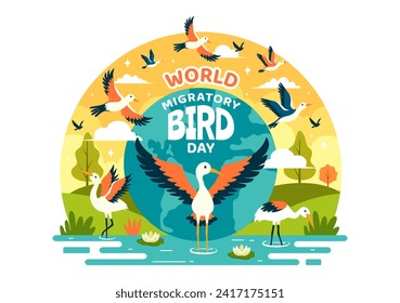 Ilustración de vectores del Día Mundial de la Ave Migratoria con grupos de migración de aves y sus hábitats para ecosistemas acuáticos vivos en fondo de caricatura plana