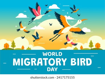 World Migratory Bird Day Vector Illustration with Birds Migrations Groups and Their Habitats for Living Aquatic Ecosystems in Flat Cartoon Background