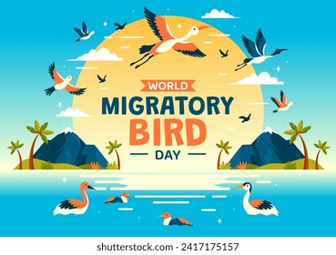 World Migratory Bird Day Vector Illustration with Birds Migrations Groups and Their Habitats for Living Aquatic Ecosystems in Flat Cartoon Background