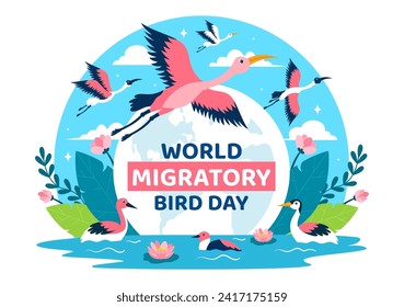 World Migratory Bird Day Vector Illustration with Birds Migrations Groups and Their Habitats for Living Aquatic Ecosystems in Flat Cartoon Background