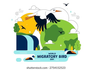 World Migratory Bird Day Vector Illustration Featuring Flying Storks Over Wetland Landscape, Wildlife Nature Conservation and Seasonal Migration