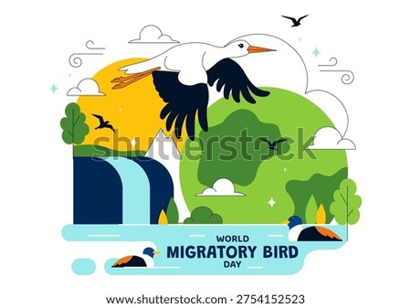 World Migratory Bird Day Vector Illustration Featuring Flying Storks Over Wetland Landscape, Wildlife Nature Conservation and Seasonal Migration