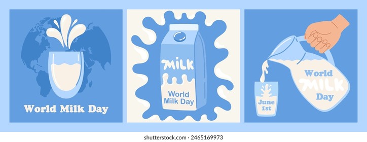 Día mundial de la leche. 1 de junio. Anuncio, tarjeta, póster, volante con gotas de lácteos y salpicaduras, caja de leche, vidrio. Feliz día de la leche concepto. Ilustración vectorial en estilo plano dibujado a mano