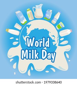 Día mundial de la leche con ilustración vectorial de fondo azul. Productos lácteos, salpicaduras de leche.