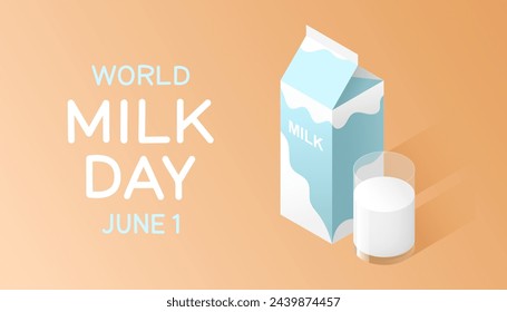 World milk day concept. Milk carton box and glass of milk. Isometric vector illustration