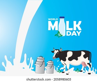World Milk Day. Cow and milk barrel concept. Template for background, banner, card, poster. Vector illustration.