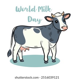 World Milk Day. Cow, milk bottle. Vector flat illustration