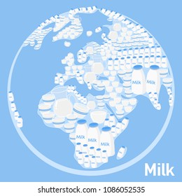 World milk day. World with milk cup, jar, bottle, glass. Vector illustration EPS10.