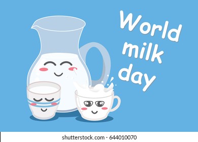 World milk day with milk cups, jar. Vector illustration EPS10. 