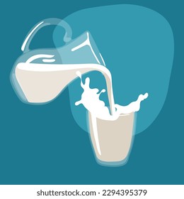 World Milk Day Dairy business. Vector illustration, a glass tumbler and a jug of milk from which milk is poured into a glass. Print a banner a leaflet on a blue background Glass containers with liquid