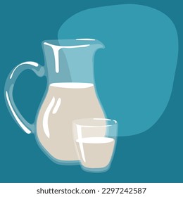 World Milk Day Dairy business. Vector illustration of plant and animal, glass glass and jug with milk. Print a banner leaflet on a blue background with a place for the inscription. Glass containers