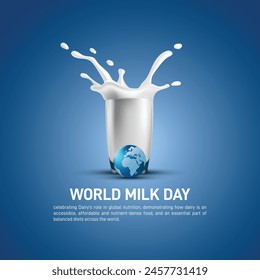 World Milk Day. globe milk splashed with a glass of milk, as world milk day creative banner, poster, social media post, festoon, billboard, backdrop, greetings card etc..