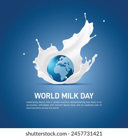 World Milk Day. globe milk splashed with a glass of milk, as world milk day creative banner, poster, social media post, festoon, billboard, backdrop, greetings card etc..