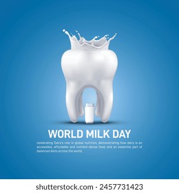 World Milk Day. globe milk splashed with a glass of milk, as world milk day creative banner, poster, social media post, festoon, billboard, backdrop, greetings card etc..