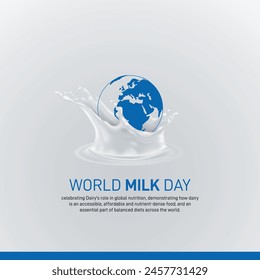 World Milk Day. globe milk splashed with a glass of milk, as world milk day creative banner, poster, social media post, festoon, billboard, backdrop, greetings card etc..