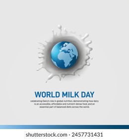 World Milk Day. globe milk splashed with a glass of milk, as world milk day creative banner, poster, social media post, festoon, billboard, backdrop, greetings card etc..